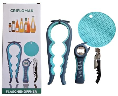 Set apribottiglie e apribottiglie 4 in 1, per bicchieri a vite, lattine, bottiglie di vino, manico ergonomico per anziani e artrite (mani deboli) (blu-grigio)