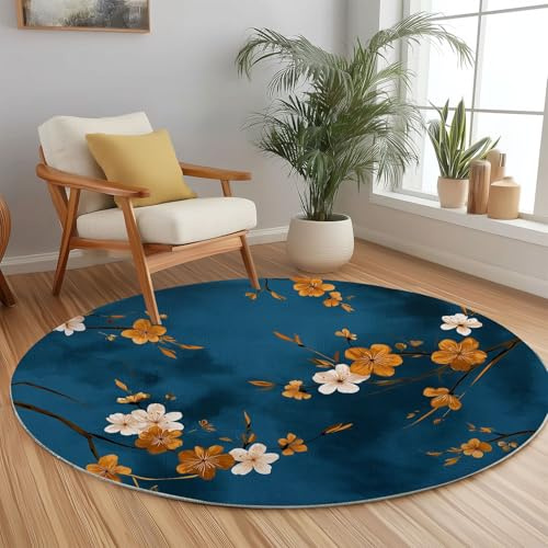 Genérico Alfombra Redonda Salón Flores de Ciruelo Amarillas Acuarela 200cm Dormitorio Antideslizante Redonda Pie de Cama Dormitorio Decorativa Alfombra de Área para Sala de Estar Azul Oscuro