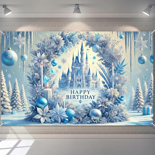 BlissYard Happy Birthday Banner Frozen Thema Decrations Hintergrund 213 x 152 cm Winter Wonderland Party Hintergrund Dekoration für Kinder Geburtstag Feier für Mädchen oder Jungen Geschenke Baners