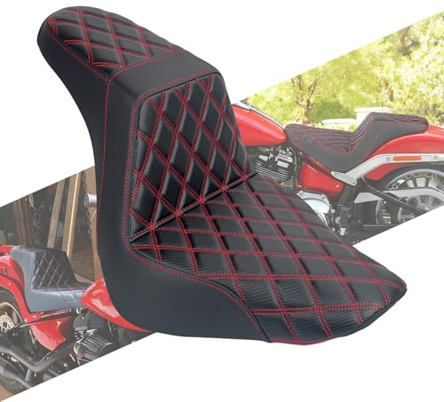 HCmotorku One-Piece Driver Passenger Seat Front Rear Cushion Fit For Harley Softail Fat Boy FLFB FLFBS 2018-2025 Breakout FXBR 2023-2025 (Red Stitching)