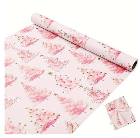 Geschenkpapier 1 Rolle 43 x 3 m rosa Geschenkpapier mit goldenem Weihnachtsbaum-Motiv for Weihnachten und Partys