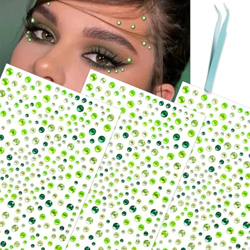 Celblisora Gröna ansikts-ädelstenar festivalsmycken, hårpärlor, strasdekal för ansikte, ögon, smink, naglar, kropp, jul-ansiktsmake-up gröna ansiktsglitter
