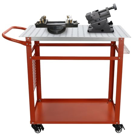 Schweißtisch, 272kg/600lbs Tragkraft Stahl-Schweißwerkbank auf Rollen, tragbare Werkbank mit doppelter Ablagefläche & 9-Haken Ablage, 91.44 * 61 * 91.44cm, Rot
