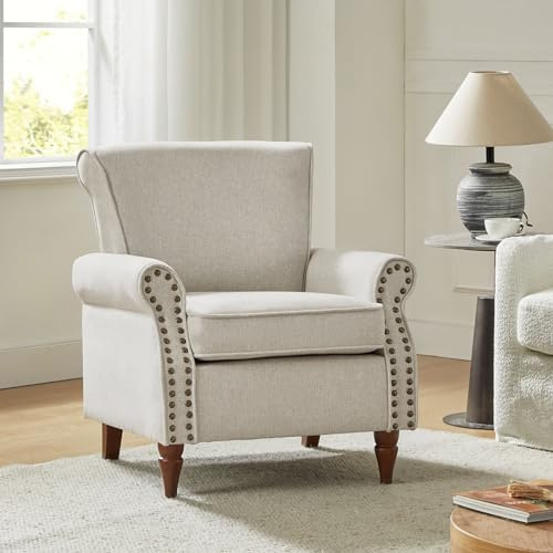 FABRICATION HAUS Modern Accent Chair with Wood Legs & Removable Cushion, Wingback Armchair with Nailhead Trim, Comfy Upholstered Lounge Chair Single Sofa Chair for Living Room Bedroom, Oatmeal