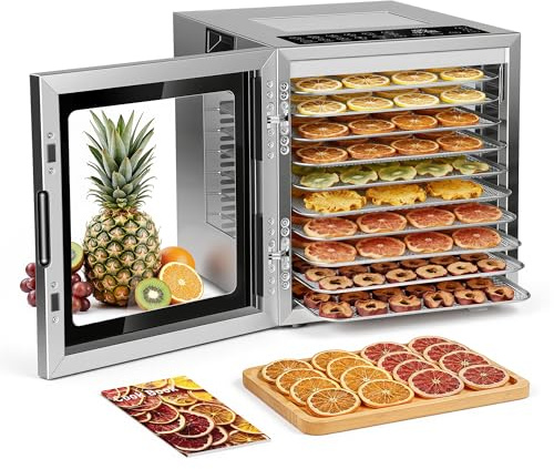 AIRFISH Edelstahl Dörrautomat, Food Dehydrator mit 67+ Rezepten, 10 Edelstahl Dörretagen, Digitale Steuerung, 10 voreingestellte Programme, 48 Std, 850W, BPA-frei