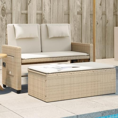 Versear Gartensofa 2 Sitzer mit Verstellbarer Rückenlehne Gartensofa mit Schlaffunktion Balkon Lounge Klein Rattan Sofa Lounge Möbel für Balkon und Terrasse mit Hocker und Kissen-Beige und Creme-
