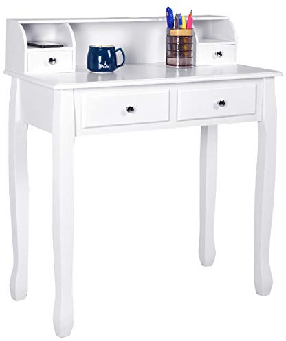 GOFLAME Writing Desk, Large Storage Space with 4 Drawers, Secretary Table Computer Desk Writing Table with Detachable Tabletop Organizer, Suit for Home and Office Use (White)
