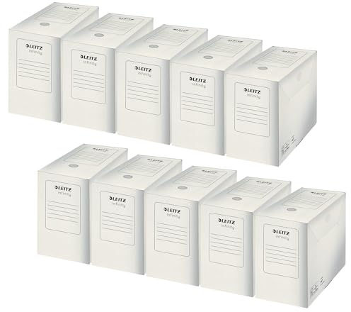 Leitz Infinity Archivbox, 10 Stück, 150 mm Rückenbreite, A4 Faltkarton mit Lasche, Boxen Aufbewahrung für bis zu 1400 Blatt, Lagerbox aus 100% säurefreier Karton, Weiß, Infinity Archiv Serie, 60920000