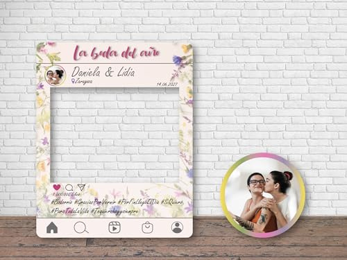 Oedim Photocall Boda + Cartel Instagram Flores Silvestres Personalizado, 100x80cm, 44x44cm, Eventos o Celebraciones puntuales, Ventana Troqueladas, Photocall Divertido