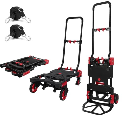 Oyoest Folding Hand Truck 330lbs Capacity Heavy Duty Dolly Cart with 2 Elastic Bungee Rope,4 Rubber Wheels,Retractable Handle,Convertible Portable Cart Luggage,Travel,Moving,Shopping,Office Use.