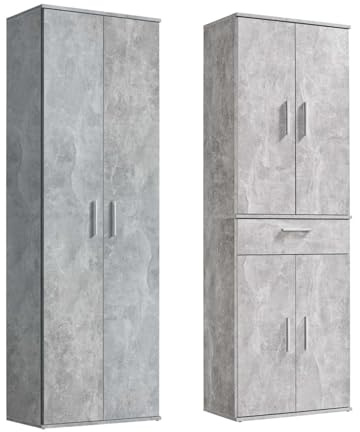 mokebo® Mehrzweckschrank Set 2-teilig 'Die Allzweckwaffe', Schrank-Set mit Mehrzweckschrank & Aktenschrank in Betonoptik BZW. Grau, nutzbar als Büroschrank, Allzweckschrank, Aufbewahrungsschrank