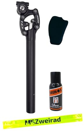 Suntour Federsattelstütze SP12/25-NCX Durchmesser 27,2mm, Länge 350mm,Gewicht bis 70kg, 65-95kg, 95-120kg Parallelogramm inklusive Brunox Deo und MSZweirad Reflexband