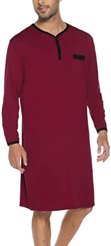 Yukiuiny Maglie Pigiama Uomo Maniche Lunghe Abbigliamento da Notte Cotone Camicie Lunghe per Dormire-A-Rosso Vino/XL
