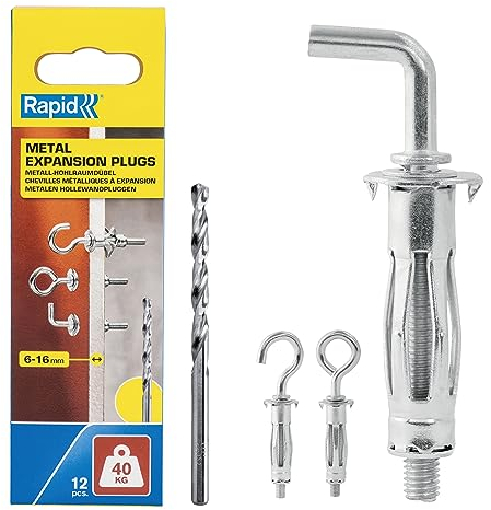Rapid Hohlraumdübel Metall mit M4 Haken für Gipskartonplatten 6-16 mm - Tragkraft 40 kg - Inklusive 11 mm Bohrer - Dübel mit je 4 Winkel-, Ring- und Rundhaken für einlagige Wände