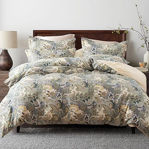 ALEISSEL 100% Natural Cotton 3pcs Duvet Cover Sets-Beige Duvet Cover with Luxurious Green, Gray & Yellow Leaves Patterns,Reversible Botanical Comforter Cover Sets with Button Closure(King,Paisley