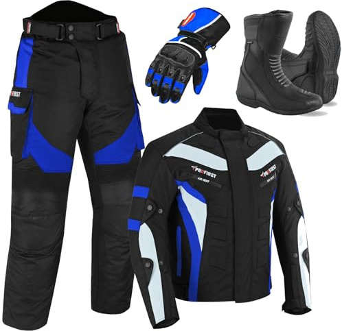Inflori Motorbike Suit for Men Motorcycle waterproof suit Cordura Jacket with Trouser and Boots CE Approved Protective Armoured (Large, Blue)