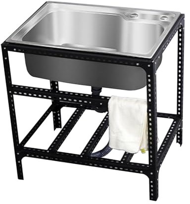 Free Standing Utility Sink,Outdoor Garden Sink Single Trough,Stainless Steel 1 Compartment Commercial Kitchen Sink,Suitable for kitchen,patio,garage,dining room,With black bracket, drain pipe ( Color