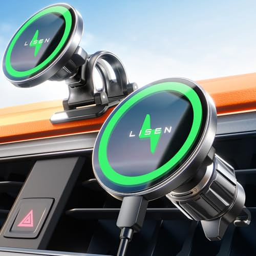 LISEN 15W Support Telephone Voiture Induction, Chargeur Magsafe Voiture【Rotation à 360°/Puce Intelligente】 17 Telephone Voiture Magnétique Chargeur sans Fil iPhone 16 15 14 13 12 Pro Max