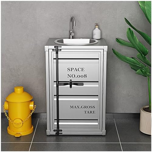 ZTGL Badmöbel Set Waschbecken mit Edelstahlhahn, Iron Art, Hohe Qualität Loft Industrial Style Bodenstehend Waschbecken Waschplatz Badezimmer Toilette,Silber,Without Mirror