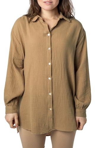 Sublevel Langarm Musselin Bluse mit Kentkragen - Damen Muselin Oversize Bluse, Baumwolle, Knopfleiste in verschienden Farben