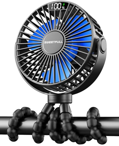 SWEETFULL Ventilateur Poussette,Mini Ventilateur Portable pour Poussette | 4 Vitesses, Rotation à 360°, Trépied Flexible, Refroidissement de Bureau, Petit Ventilateur Portable, Bureau, Camping