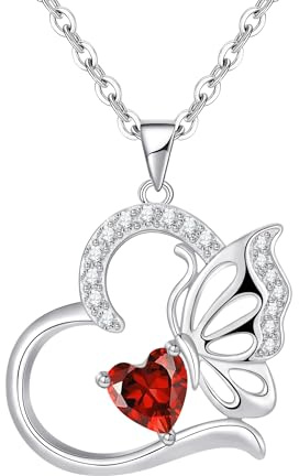 Silverhalsband för kvinnor Hjärta Fjäril Januari/Juli Birthstone Hänge Halsband Smycken Presenter för Kvinnor/Flickor Årsdag Födelsedag Mors Dag Jul Alla hjärtans dag