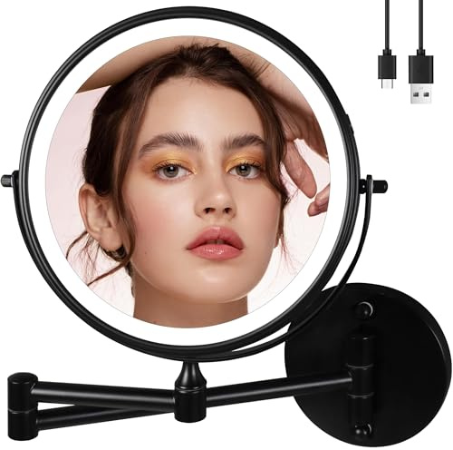 TUSHENGTU 9 Groß Kosmetikspiegel Mit Beleuchtung Wandmontage USB Rasierspiegel Dusche Wandmontage 10X/1X Vergrößerung Badspiegel Wiederaufladbar Suitable for Hotels Schwarz(960B10X)