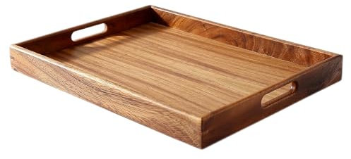 MOOKOMI Serviertablett aus Walnussholz mit Griffen, stilvolles Kaffee- und Lebensmitteltablett für Zuhause, Ottomane oder Esszimmer (40 cm)
