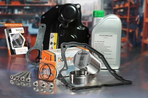 KITRONIC Druckspeicher Reparatursatz DQ200 für DSG, 7-Gang-Mechatronik Trockenkupplungsgetriebe 0AM kompatibel mit VW | Mit Montageschlüssel, Dichtung, Ölwanne & 1L Öl inkl. Alu Schrauben
