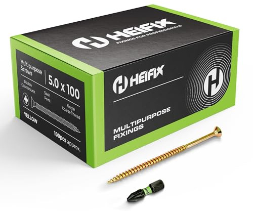 Heifix Multi-Purpose Wood Screws - FREE Screw Bit Included (QTY 100, 5mm x 100mm) Pozi Double Countersunk