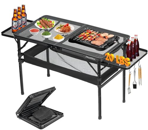 Thallike Portable Folding Grill Table, Lightweight Height Adjustable,Camping Picnic Table with Mesh Desktop and Mesh Bag for Outdoor for Picnic,Camping,BBQ,Beach (3.8 * 1.3FT)
