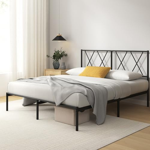 Zinus Cama Elias de 140 x 200 cm – 30 cm de Alto – Estructura de Metal con cabecero – Cama de Metal con somier – No Requiere somier – Espacio bajo la Cama – Negro