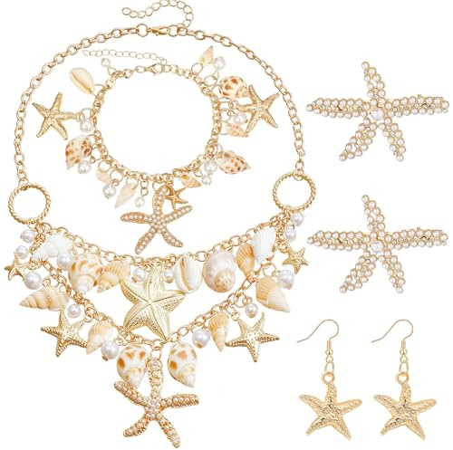 GlamRays Frauen Meerjungfrau Kostüm Schmuck Set, Meerjungfrau Accessoires mit Sternfisch Muschel Halskette Armreif Haarclip Ohrringe (Gold)