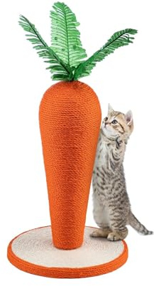 Trintion Cat Scratching Post 74cm Foldable Bottom Tall Cat Claw Scratcher with 4 Toy Ball Natural Sisal Scratch Pole and Soft Carpet Covered Heavy Base Modern Stable Design (Carrot)