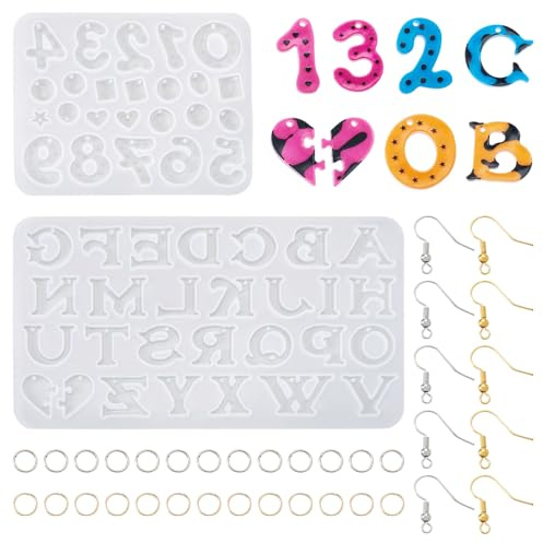 PandaHall - Lot de 2 moules en silicone pour lettres A-Z et chiffres 0-9, moules en résine UV époxy, demi-cœur 3D pour création de bijoux en résine époxy