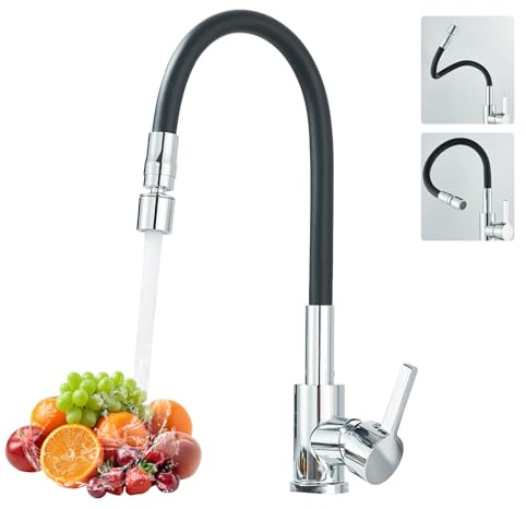 Kitchen Tap with Pull Out Spray, Single Lever Black and Chrome Kitchen Tap with Flexible Hose,Sink Mixer Taps Faucet with 360° Swivel Spout Dual Function Sprayer