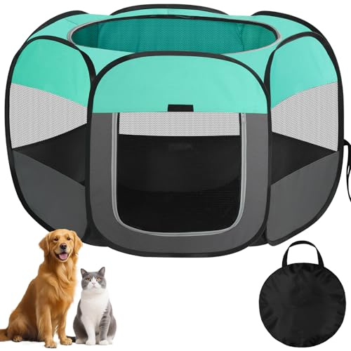 Welpenauslauf, Welpenlaufstall Hundebox Faltbar für Hunde Katzen Welpen Drinnen Draußen, Laufstall Hund Hundelaufstall für Wohnung mit Tragetasche für Reisen Camping (Grün, M(85x85x58cm,5-8kg pet), 6)