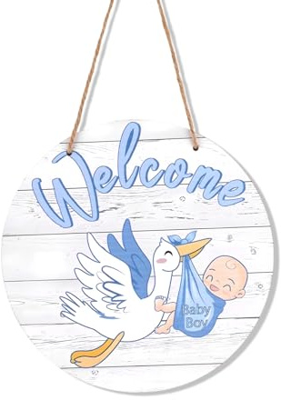 Baby Welcome Sign, Gender Reveal Wooden Hanging Wreath Newborn Announcement Board Rustic Farmhouse Nursery Decor for Baby Shower Porch Party Front Door Decoration (Boy, Blue)