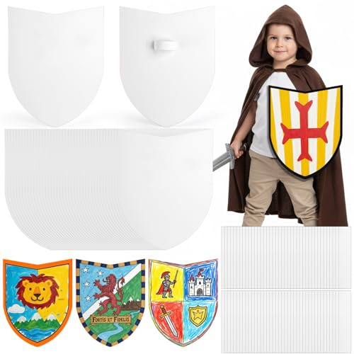 Dicunoy 40PCS Blank White Paper Shields for Crafts with Handles, Cardboard Role Play Shields for Decoration, Stage Props, Theater Play, Birthday Party, Art Activity
