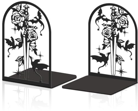 Hobbspring 2 Stücke Metall Bücherstützen Schwarz Schwere Ausführung Drachen Rose Blume Schwert Dekorativ Für Schule Büro Zuhause Bibliothek Kleine Große Schwere Bücher
