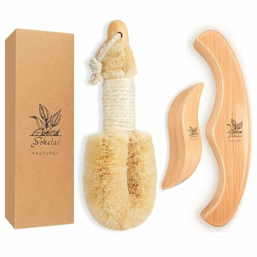 Dry Body Brush Set for Lymphatic Drainage, Natural Sisal Bristle Dry Brushing Body Brush, Wood Therapy Kit with Wooden Acupressure Massage Tools for Face and Body Gua Sha