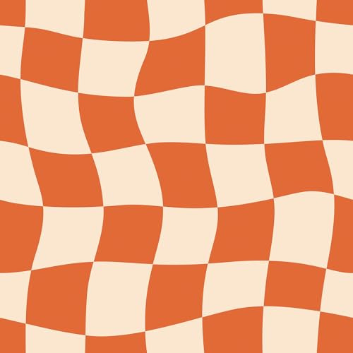 HelloWall Retro Checkered Wallpaper Peel and Stick Burnt Orange Beige Pink Checkered Contact Paper Waterproof 70s Groovy Mid Century Modern Geometric Wallpaper MCM Wavy Checkerboard Desk Wrap 17.5x80