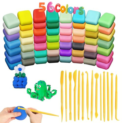 Air Dry Clay Set - 56 Farben Modelliermasse mit 14 Modellierwerkzeugen - Ungiftig, Weich und Superleicht DIY Clay Kit für Kinder & Erwachsene - Ideal für kreatives Basteln, Geschenke, und pädagogische