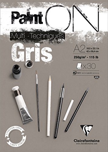 Clairefontaine 975811C PaintOn Block (250 g, DIN A2, 42 x 59,4 cm, geleimt, 30 Blätter, ideal für weiße Zeichnungen und Multitechniken) grau 1 Stück