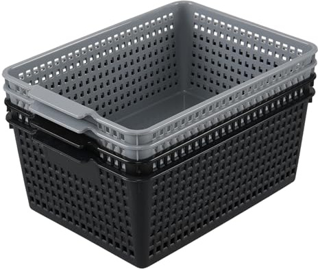 Ordate Plastic Large Basket Storage, Plastic Basket Organiser, Grey and Black, 4 Pack