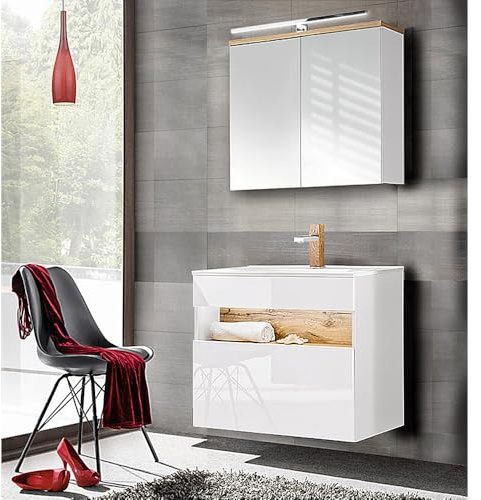 Lomadox Badezimmermöbel Badmöbel Set, Keramik-Waschtisch mit 80cm Unterschrank, Hochglanz weiß mit Wotaneiche, LED-Spiegelschrank