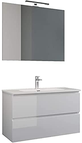 MaMa Store Atena Mobile sospeso con lavabo, specchio e lampada LED, Laminato, Bianco Lucido Laccato L. 62 X P. 47 X H. 53 Cm