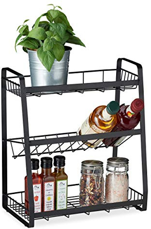 Relaxdays Estante Especiero, 3 Niveles, de Pie, Organizador Especias, Hierbas, Aceite, Metal, 38 x 35 x 18,5 cm, Negro