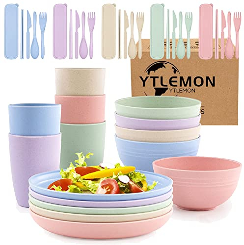 Teller und Schüsseln Set, Kunststoff, PP, für Picknick, Camping, Abendessen, Party, Speiseteller, Becher, Besteck-Set, unzerbrechlich und leicht, 40 Teile