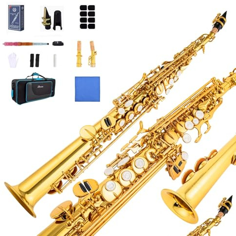 Aisiweier Soprano Saxophone SAX Bb Brass Lacquered Gold Body and Keys Woodwind instruments (gold)